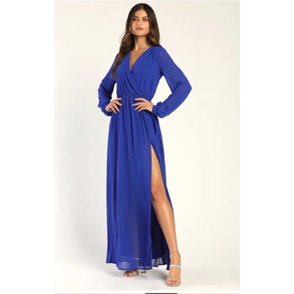 Lulus Water Lilies Royal Blue Maxi Dress XL Long Sleeve